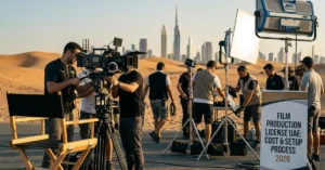 Film Production License – professional film set setup in UAE with camera crew and production equipment