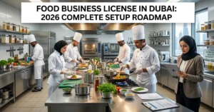 Food Business License Dubai professional kitchen setup with chefs and compliance standards