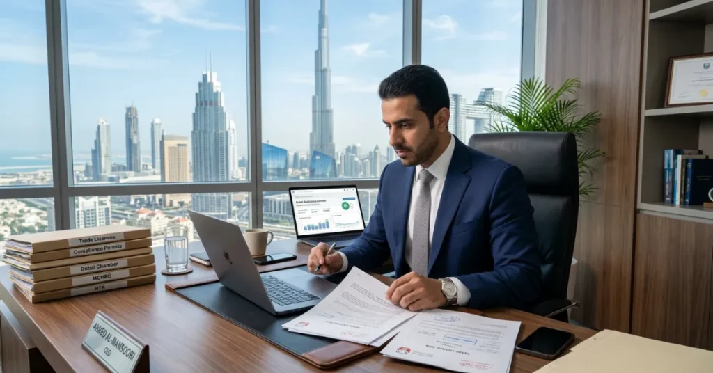Food Truck in Dubai licensing process with entrepreneur reviewing permits and legal documents in office
