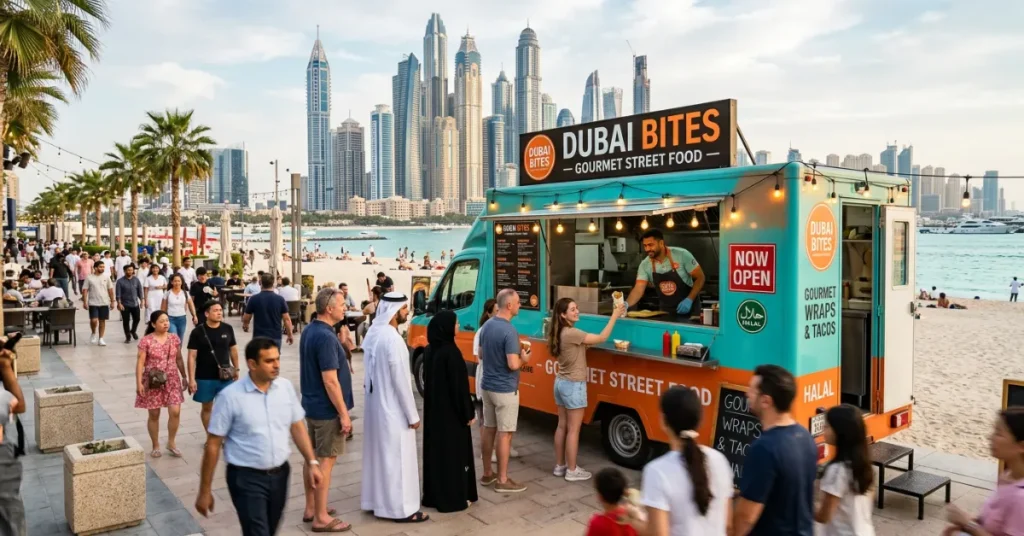 Food Truck in Dubai operating in high foot traffic location showing best areas for mobile food business