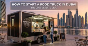 Food Truck in Dubai modern setup with customers and skyline background showcasing street food business opportunity