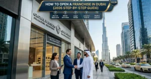 Franchise in Dubai retail business setup with branded store and professional handshake