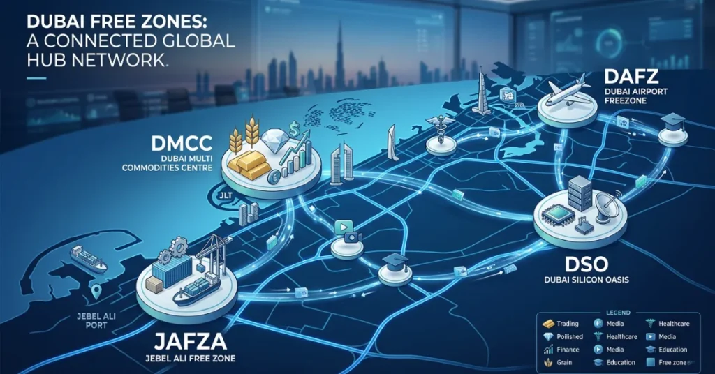 Free Zone LLC Dubai types and business zones selection concept