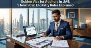 Golden Visa for auditors cover image showing UAE auditor with visa approval and financial documents