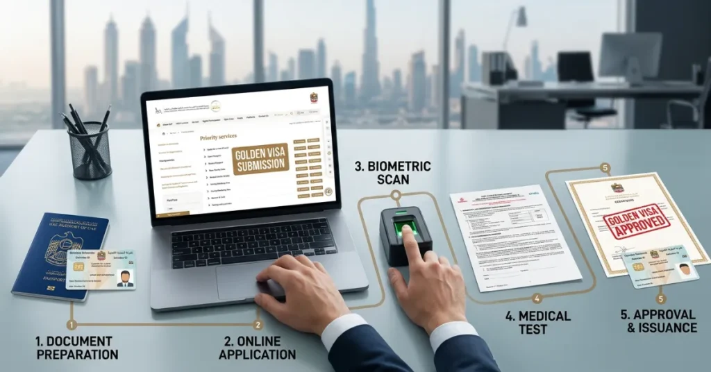 Golden Visa for auditors application process image with passport and UAE visa documents