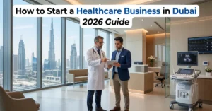 “Healthcare Business in Dubai setup with doctor and investor in modern medical facility”