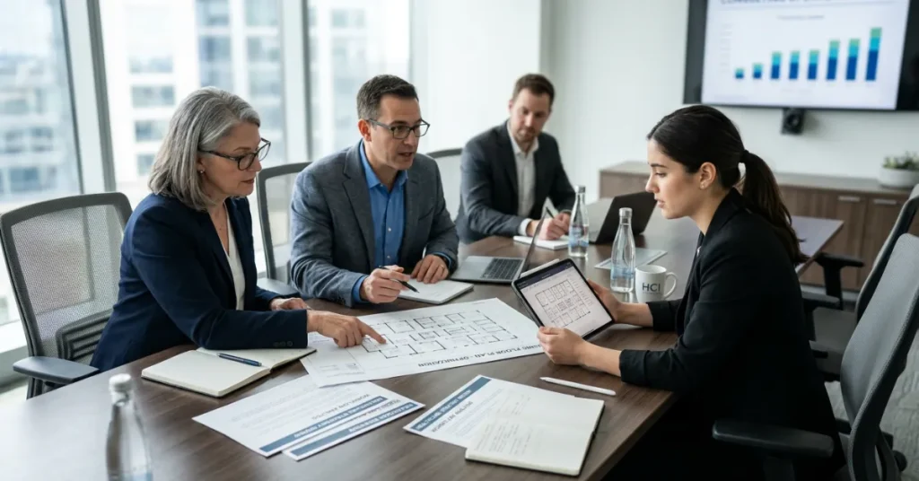 Healthcare Business in Dubai planning process with documents and strategy discussion