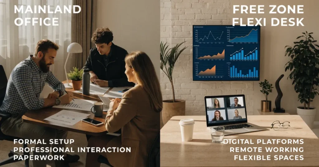 IT Services License UAE mainland vs free zone comparison showing office setup and flexible workspace options in 2026