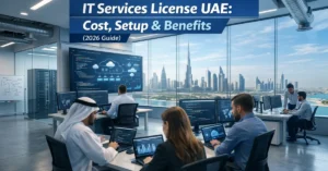 IT Services License UAE 2026 cover showing modern tech office, software development, and digital business setup in Dubai