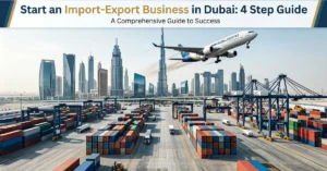 “Import-Export Business in Dubai with global trade logistics, cargo containers and skyline”