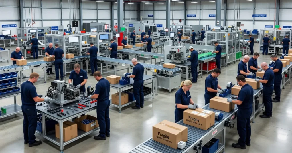 Industrial License UAE types – manufacturing, assembly, and packaging processes inside factory