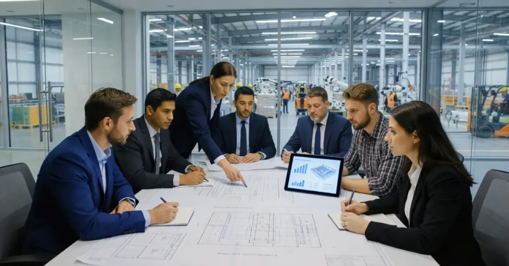 Industrial License UAE process – team planning industrial setup and factory operations