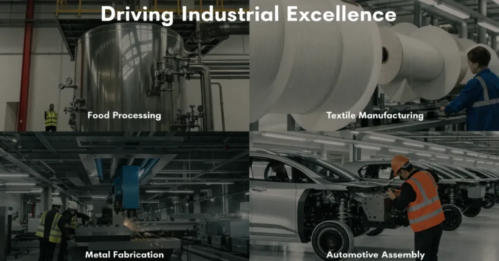 Industrial License in UAE – different types of manufacturing industries including food, textile, and metal fabrication