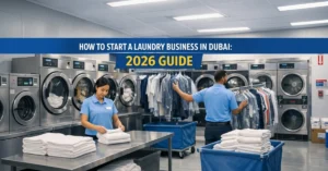 Laundry Business in Dubai modern shop setup with industrial machines and professional service environment