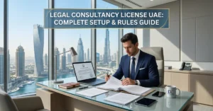 Legal Consultancy License UAE – professional legal consultant reviewing contracts in Dubai office