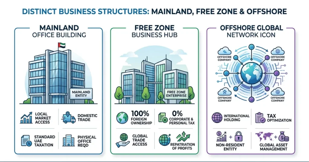 Comparison of Legal Structures for UAE including mainland, free zone, and offshore business models