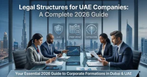 Legal Structures for UAE companies with business professionals reviewing corporate documents in Dubai office