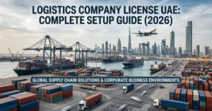 Logistics Company License UAE setup showing Dubai port, cargo containers, and global supply chain operations