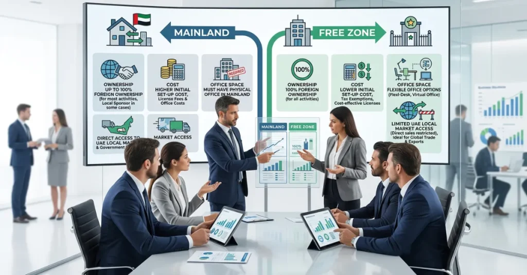 Mainland vs Free Zone comparison chart showing ownership cost and market access differences