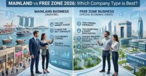 Mainland vs Free Zone company setup in Dubai showing business environments comparison