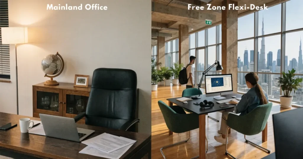 Mainland vs. Free Zone license comparison image showing office setup and workspace differences