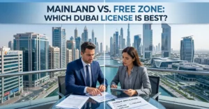 Mainland vs. Free Zone Dubai business license comparison cover image with skyline and office buildings
