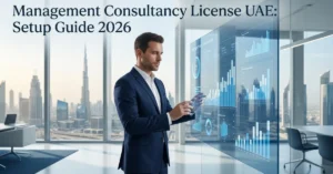 Management Consultancy License UAE concept with business consultant analyzing strategy in Dubai office