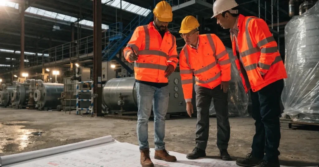 Manufacturing Business in UAE setup process with engineers planning factory operations and layout