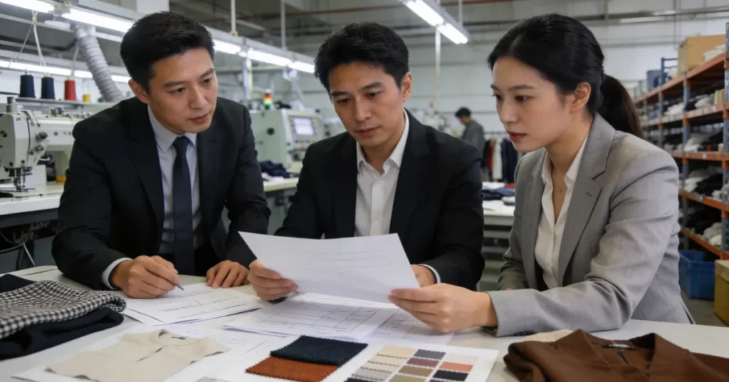 Manufacturing License UAE process – planning garments factory setup with textile production team