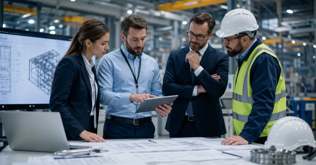 Manufacturing License UAE process – business team planning factory setup and industrial operations