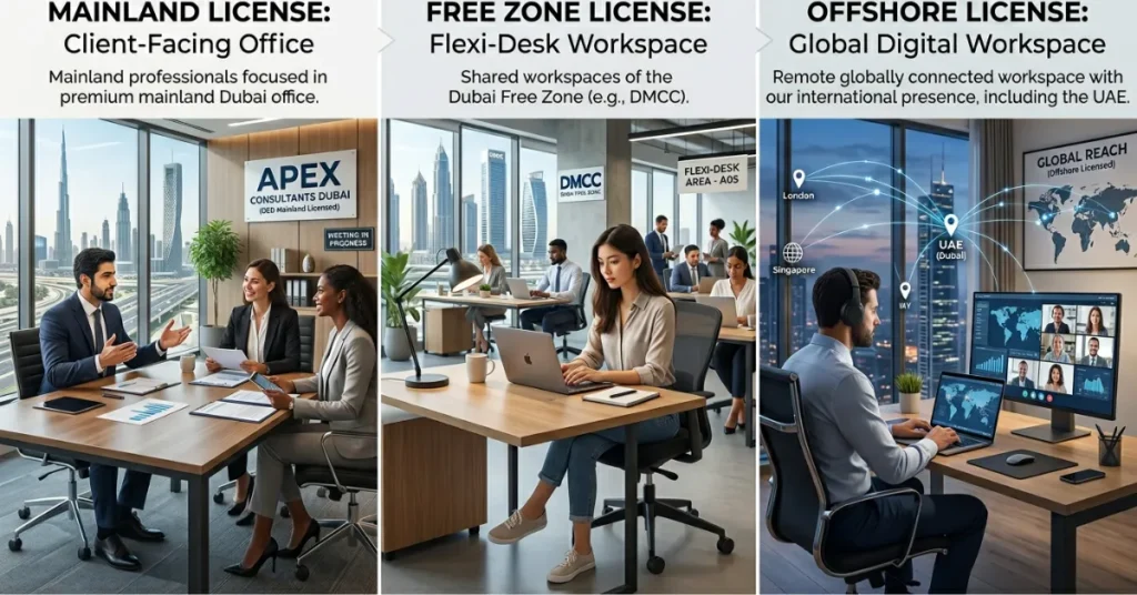 Marketing Consultancy License UAE mainland vs free zone business setup comparison showing office and flexi desk options in 2026