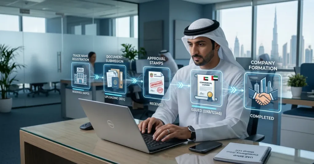 Marketing Consultancy License UAE process showing step by step business setup from approval to license issuance in 2026