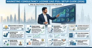 Marketing Consultancy License UAE 2026 cover showing digital strategy planning and business consulting workspace in Dubai
