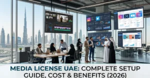 Media License UAE modern digital media agency workspace with content production and marketing setup