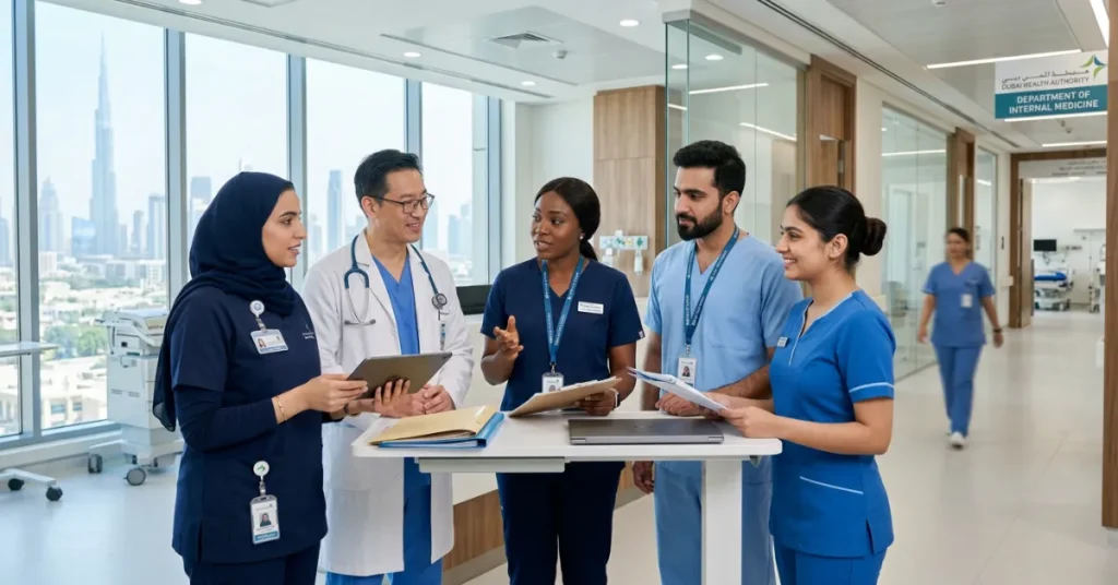 Medical Clinic in Dubai healthcare team meeting showing licensed doctors and medical staff