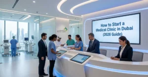 Medical Clinic in Dubai modern interior with reception and professional healthcare environment