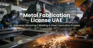 Metal Fabrication License UAE – industrial workshop with welding and steel fabrication process