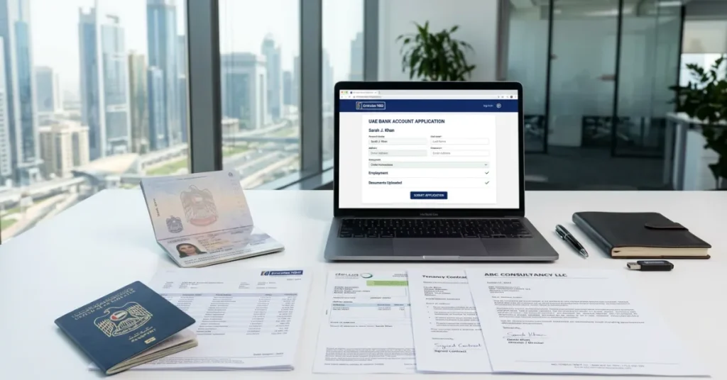 Non-Resident Bank Accounts documentation image showing passport, KYC papers, and UAE bank application process