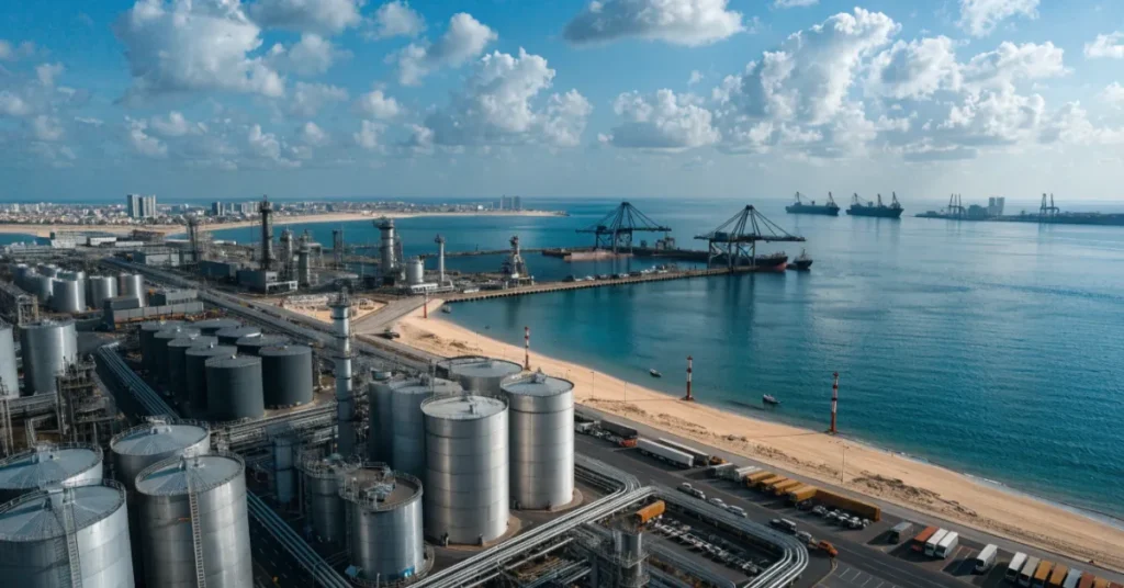 Oil & Gas Services License UAE industrial hub with storage tanks and logistics infrastructure