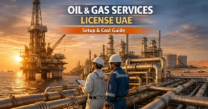 Oil & Gas Services License UAE offshore rig with engineers and industrial infrastructure
