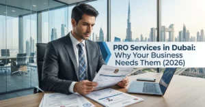 PRO Services in Dubai cover image showing Dubai skyline and corporate government documentation process