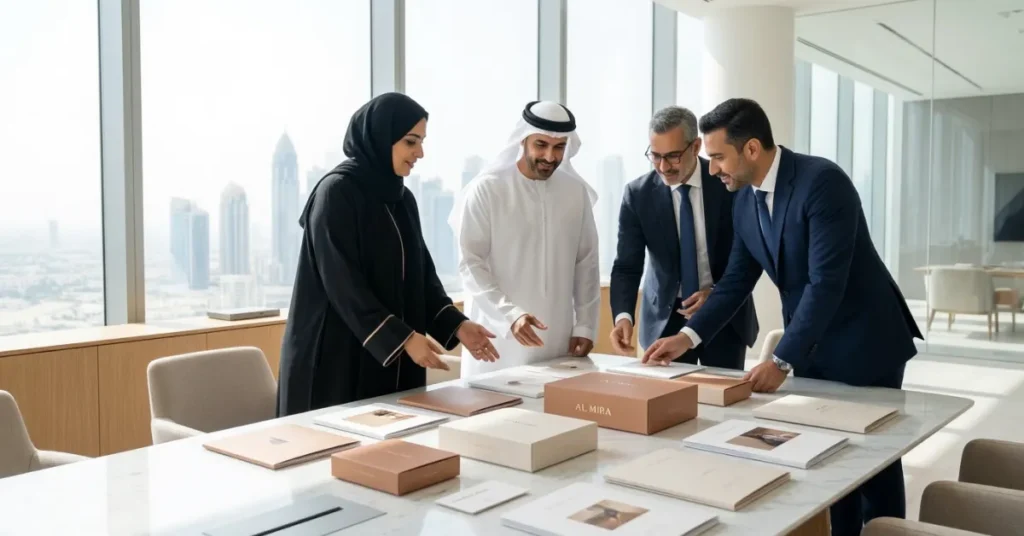 Printing Press License UAE business team reviewing branding materials and print production samples