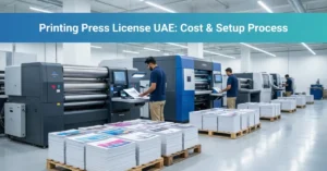 Printing Press License UAE modern printing facility with digital and offset machines in operation