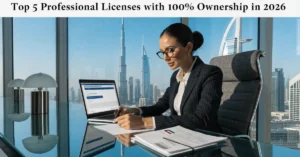 Professional Licenses cover image showing UAE business consultant with licensing documents in corporate office