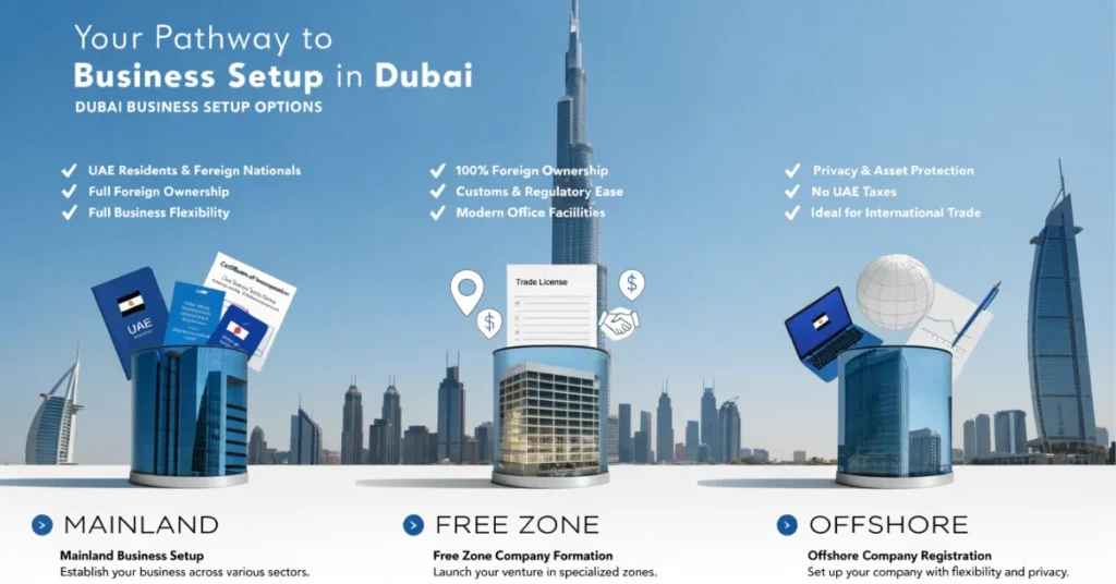 Project Management License types in Dubai including mainland free zone and offshore setup options
