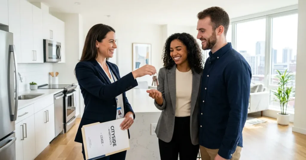 Benefits of Property Management License showing property manager handing keys to tenant in UAE