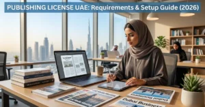 Publishing License UAE – modern publishing workspace with digital and print content production setup