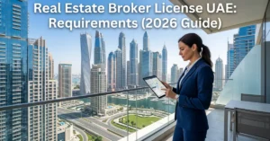 Real Estate Broker License UAE showing professional agent with Dubai skyline and property market background