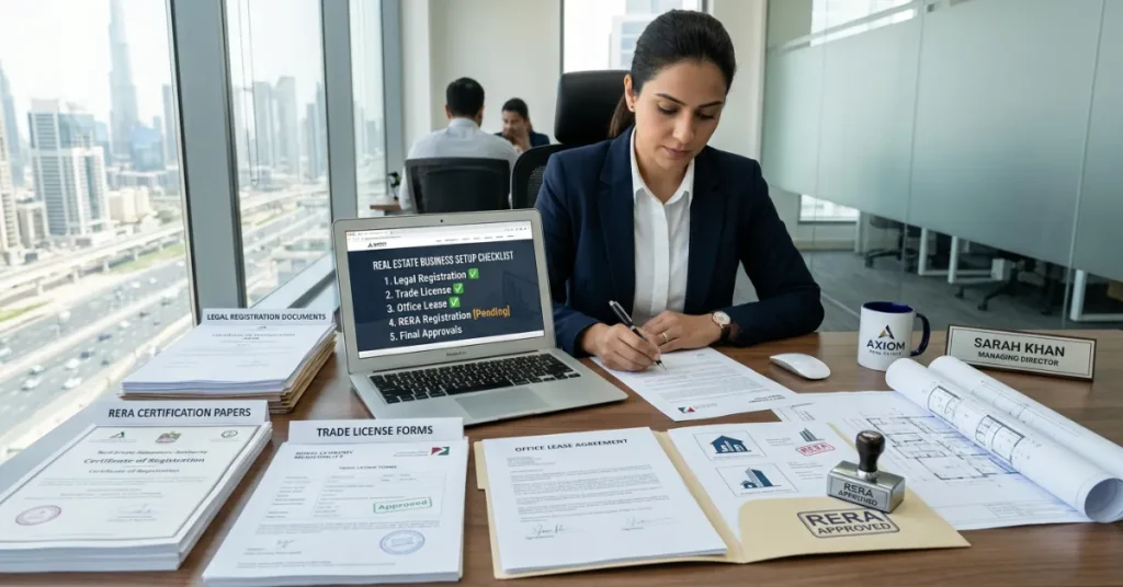 Real Estate Firm legal setup process in Dubai with RERA documents, trade license forms, and compliance approvals