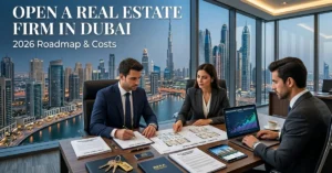 Professional Real Estate Firm setup in Dubai showing skyline, property consultants, and business licensing roadmap for 2026